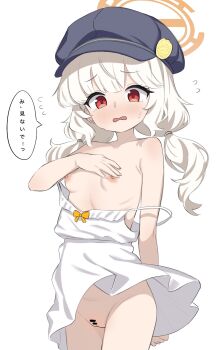 1girl aoba_(blue_archive) bar_censor blue_archive blue_hat breasts censored cleft_of_venus clothes_pull commentary_request dress dress_pull flying_sweatdrops halo hat highres loli looking_at_viewer low_twintails mafunyo newsboy_cap nipples no_panties open_mouth orange_halo peaked_cap pussy red_eyes simple_background small_breasts solo speech_bubble sundress translation_request twintails white_background white_dress white_hair