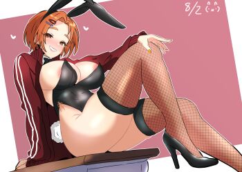 Rule 34 | 1girl, aged up, animal ear hairband, animal ears, areola slip, black leotard, black shoes, blush, breasts, brown thighhighs, dated, fake animal ears, fingernails, fishnet thighhighs, fishnets, hairband, heart, high heels, highleg, highleg leotard, hiroshi (01kanata), idolmaster, idolmaster cinderella girls, jacket, large breasts, leotard, looking at viewer, nail polish, orange hair, playboy bunny, rabbit ear hairband, rabbit ears, red jacket, ryuzaki kaoru, shoes, short hair, sitting, smile, solo, strapless, strapless leotard, thighhighs, track jacket