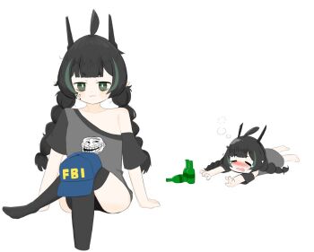 1girl ahoge black_hair blush bottle braid clavicles crossed_legs elfinpsyop fbi green_eyes horns indie_virtual_youtuber loose_clothes loose_shirt lying mechanical_horns mettoretto neck shirt sitting solo twin_braids usb_symbol white_background