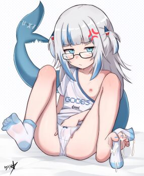 1girl anger_vein barefoot between_toes blue_eyes blue_hair blue_shirt blush boppin bow bow_panties closed_mouth clothed_masturbation clothes_pull cum cum_on_body cum_on_feet eyebrows_hidden_by_hair feet female_masturbation fins fish_tail flat_chest full_body gawr_gura glasses highres holding_sock holding_with_feet hololive hololive_english loli long_hair looking_at_viewer masturbation nail_polish nipples no_shoes panties shadow shark_girl shark_tail shirt shirt_pull signature sitting socks soles solo tail toe_scrunch toenail_polish toenails toes underwear unworn_socks virtual_youtuber white_panties white_socks
