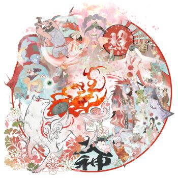 Rule 34 | amaterasu (ookami), calligraphy, cherry blossoms, everyone, fire, flower, full body, highres, issun, japanese clothes, kaguya (ookami), kiwota, markings, okikurumi (ookami), ookami (game), petals, red sun, reflector (ookami), sakuya (ookami), susanoo (ookami), ushiwakamaru (ookami), white wolf, wolf