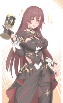 1girl absurdres black_dress black_pantyhose breasts brown_hair chalice cleavage_cutout clothing_cutout commentary_request cup dress eden_(honkai_impact) erasumo3821 highres holding holding_cup honkai_(series) honkai_impact_3rd large_breasts long_hair pantyhose see-through_cleavage see-through_clothes simple_background smile solo very_long_hair yellow_eyes