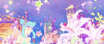 animated animated_gif anime_screenshot blue_hair blunt_bangs blush bored bow breasts cat closed_mouth collarbone double_bun elbow_gloves female_focus girl_(anime_expo) gloves hair_bun japan_animator_expo jumping kami-sama_(girl) lingerie looking_at_viewer magical_girl petals ribbon see-through_clothes sidelocks star_(symbol) stuffed_toy underwear yellow_gloves