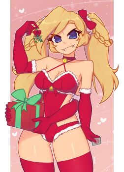 Rule 34 | 1girl, absurdres, artist name, bare shoulders, bell, blonde hair, blue eyes, bow, breasts, choker, christmas, cleavage, closed mouth, commentary, condom, dress, elbow gloves, english commentary, extra arms, fangs, fur-trimmed gloves, fur trim, gift, gloves, green bow, heart, highres, holding, holding condom, holding gift, holding mistletoe, light smile, long hair, looking at viewer, mistletoe, neck bell, nelly (xyronii), original, red bow, red choker, red dress, red gloves, red thighhighs, solo, thighhighs, xyronii