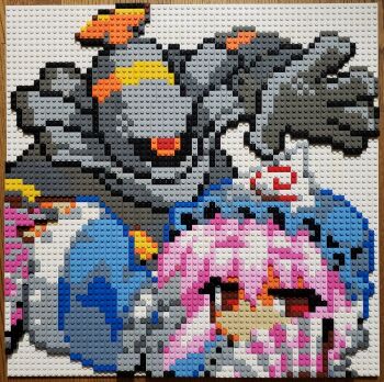 Rule 34 | 1girl, blue headwear, covered mouth, dusknoir, gen 4 pokemon, hand fan, holding, holding fan, lego, lego (medium), long sleeves, looking at viewer, nintendo, photo (medium), pink hair, pixel art, pokemon, pokemon (creature), red eyes, saigyouji yuyuko, short hair, simple background, touhou, triangular headpiece, unconventional media, upper body, white background, wide sleeves, you rei (blowback)