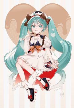 Rule 34 | 1girl, ahoge, aqua eyes, aqua hair, beret, black boots, black choker, boots, bow, brown bow, chocolate, choker, closed mouth, collarbone, commentary request, dress, food, full body, gradient hair, hair between eyes, hair bow, hat, hatsune miku, highres, holding, holding chocolate, holding food, long hair, long sleeves, looking at viewer, masumofu, multicolored hair, puffy long sleeves, puffy sleeves, see-through clothes, see-through sleeves, simple background, smile, socks, solo, twintails, very long hair, vocaloid, white dress, white hair, white hat, white socks