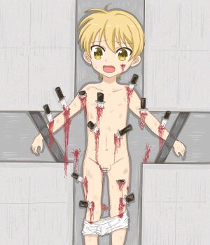 1boy aged_down anima_yell! bar_censor belly blonde_hair blood blood_drip blood_on_face breasts briefs censored cross crucifix crucifixion guro ikedanemuru knife male male_focus male_gore male_underwear navel nude open_mouth penis restrained ryona sawatari_akane_(anima_yell!) shota skewer snuff suspension testicles thighs tongue torture trap underwear yellow_eyes zenra