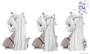 1girl ? ?? alternate_hairstyle arrow_(symbol) artist_name bow commentary from_behind fujiwara_no_mokou hair_bow high_ponytail highres long_hair looking_at_viewer looking_back multiple_views ponytail profile red_eyes shirt simple_background symbol-only_commentary touhou translation_request watage_milktea white_background white_hair white_shirt