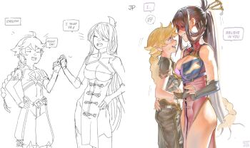 1boy 1girl 2022 ac120 aether_(genshin_impact) ahoge assertive_female bare_shoulders beidou_(genshin_impact) black_pants blonde_hair braid braided_ponytail breasts brown_hair capelet china_dress chinese_clothes cleavage_cutout closed_eyes clothing_cutout commentary dress english_commentary english_text eyepatch fingerless_gloves fist_bump genshin_impact gloves hair_ornament hetero holding_hands interlocked_fingers large_breasts long_hair midriff monochrome pants pelvic_curtain red_capelet signature sketch speech_bubble timestamp