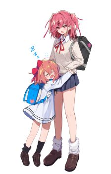 2girls absurdres aged_down alternate_costume animal_print b4_(yonten) backpack bag black_bag black_socks blue_bag blue_skirt brown_shoes cat_print child closed_eyes commentary_request crime_prevention_buzzer doki_doki_literature_club dress dress_shirt frown full_body hand_in_pocket height_difference highres knees loose_socks miniskirt multiple_girls natsuki_(doki_doki_literature_club) neck_ribbon open_mouth orange_hair partial_commentary pink_hair pleated_skirt randoseru red_ribbon ribbon sayori_(doki_doki_literature_club) school_bag school_uniform shirt shoes short_dress short_hair simple_background skirt sleeping sleeping_on_person socks standing sweater thighhighs two_side_up white_background white_dress white_shirt white_socks white_sweater zzz