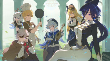 2boys 4girls aether_(genshin_impact) apron arm_support beret black_hat blonde_hair blue_eyes blue_hair book book_stack bow breasts brown_cape brown_shirt cape chef_hat clorinde_(game_master)_(genshin_impact) clorinde_(genshin_impact) closed_mouth commentary_request cowlick dark_blue_hair dress eyepatch f.sakuma furina_(genshin_impact) furina_(marechaussee_hunter)_(genshin_impact) genshin_impact grass halo hat hat_feather highres holding_pan instrument large_breasts long_hair low-tied_long_hair lyney_(genshin_impact) lyney_(marechaussee_hunter)_(genshin_impact) mechanical_halo multiple_boys multiple_girls navia_(genshin_impact) navia_(marechaussee_hunter)_(genshin_impact) one_eye_closed outdoors paimon_(genshin_impact) paimon_(marechaussee_hunter&#039;s_best_friend)_(genshin_impact) pants pantyhose pillar purple_eyes shirt sitting smile suspenders tricorne ukulele white_pants yellow_eyes
