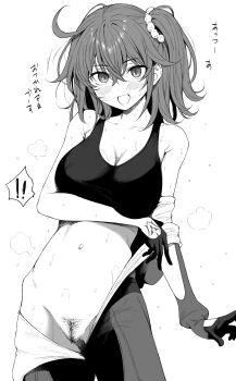 1girl ahoge black_gloves black_shirt bodysuit breasts cleavage command_spell cowboy_shot crop_top daiji_pt fate/grand_order fate_(series) female_pubic_hair fujimaru_ritsuka_(female) fujimaru_ritsuka_(female)_(chaldea_combat_uniform) gloves hair_ornament hair_scrunchie half_gloves highres looking_at_viewer monochrome no_panties official_alternate_costume one_side_up open_bodysuit open_clothes pubic_hair removing_bodysuit scrunchie shirt smile solo sweat translation_request undressing white_background