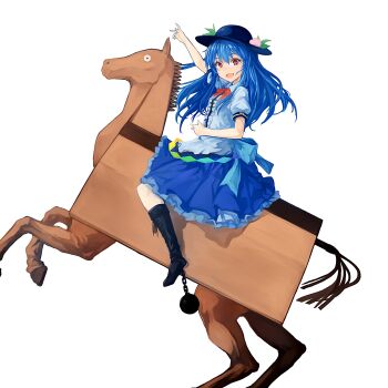 Rule 34 | 1girl, ball and chain restraint, black boots, black hat, blue bow, blue hair, blue skirt, blush, boots, bow, bowtie, center frills, commentary request, cookie (touhou), fine art parody, food, frilled skirt, frills, fruit, full body, hair between eyes, hat, highres, hinanawi tenshi, horse, ichimura oma, lace-up boots, leaf, long hair, looking at viewer, major injury underreaction, napoleon crossing the alps, nuppehofu (nibuta), open mouth, parody, peach, puffy short sleeves, puffy sleeves, rainbow order, red bow, red bowtie, red eyes, shirt, short sleeves, simple background, skirt, smile, solo, touhou, white background, white shirt, wooden horse