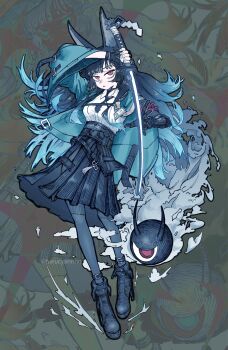 1girl 1other absurdres animal_ear_fluff animal_ears arm_out_of_sleeve black_gloves black_hair black_necktie black_shoes black_skirt commentary commission fighting_stance fingerless_gloves fox_ears fox_girl gloves hand_to_blade haruchan high-waist_skirt highres holding holding_sword holding_weapon hoshimi_miyabi id_card jacket katana long_hair looking_at_viewer necktie open_mouth pantyhose shirt shirt_tucked_in shoes simple_background single_fingerless_glove single_glove skirt smoke sword tailless_(zenless_zone_zero) twitter_username weapon white_shirt wristband zenless_zone_zero