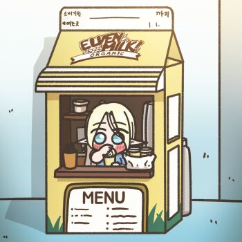 1girl alternate_costume bag blonde_hair blue_eyes blush_stickers bottle cerestia_of_life chibi chibi_only clooliss commentary_request cup disposable_cup drink_carton drinking_straw elf english_text highres korean_commentary last_origin long_hair market_stall menu milk_bottle milk_carton plastic_bag pointy_ears refrigerator security_shutter shirt solo very_long_hair