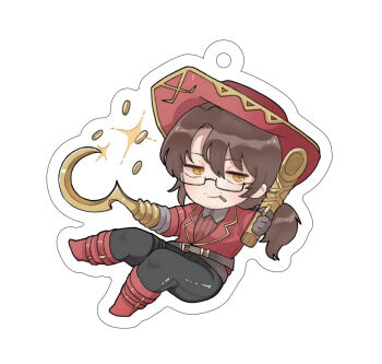 1boy absurdres beard_stubble belt belt_buckle black-framed_eyewear black-framed_glasses black_pants blush boot_straps boots brown_belt brown_gloves brown_hair brown_shirt buckle chibi cigarette closed_mouth coin collared_jacket contrast_collar facial_hair feet_up floating formal_clothes from_side full_body glasses gloves gold gold_buckle gold_trim gold_weapon gregor_(project_moon) gun hair_between_eyes half-closed_eyes hand_up handgun hat highres holding holding_gun holding_weapon hook hook_hand in_air jacket kikkoinu knee_boots lapels leaning_back leather leather_pants limbus_company long_hair long_sleeves looking_at_viewer low_ponytail male_focus midair money mouth_hold multicolored_shirt multiple_belts notched_lapels official_alternate_costume pants parted_bangs pirate pirate_hat pistol ponytail project_moon rectangular_eyewear red_boots red_hat red_jacket red_shirt sanpaku semi-rimless_eyewear shirt simple_background single_glove sitting smile smirk smoking solo sparkle strap striped_clothes striped_shirt stubble thigh_strap twinhook_pirates_(identity)_(project_moon) under-rim_eyewear weapon white_background yellow_eyes