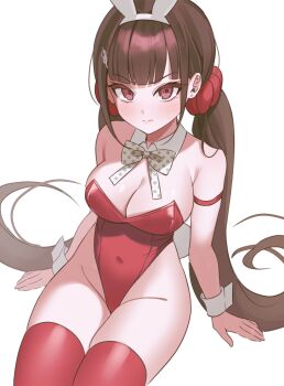 1girl absurdres blunt_bangs bow bowtie breasts brown_hair danganronpa_(series) danganronpa_v3:_killing_harmony groin hair_ornament hair_scrunchie harukawa_maki highres keke_(xfxyuio) large_breasts leotard long_hair looking_at_viewer low_twintails mole mole_under_eye red_eyes red_leotard red_scrunchie red_thighhighs scrunchie sitting smile solo thighhighs twintails