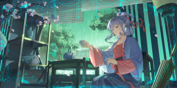 1girl absurdres alternate_costume alternate_hairstyle bamboo_screen beizi_(clothing) chair chinese_clothes chinese_commentary closed_umbrella commentary_request cup flower green_eyes hair_ribbon hanfu highres holding indoors long_hair long_sleeves luo_tianyi peach_blossom ponytail red_ribbon ribbon sitting solo table teacup teapot tree umbrella vase vocaloid vsinger_(vocaloid) wide_sleeves window xizhi_baofan