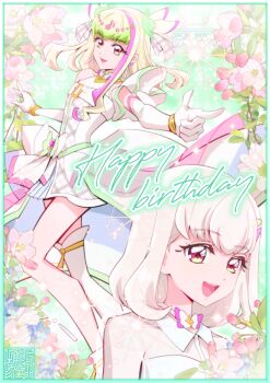 1girl artist_logo bare_shoulders bloom blunt_bangs bob_cut bubble_skirt choker cure_zukyuun dress earrings elbow_gloves eyelashes finger_gun floral_background floral_print fortissimo frilled_ribbon frills full_moon gingham_dress gloves green_hair hair_extensions hair_ornament hair_wings hairpin heart-shaped_lock idol jewelry kamikita_futago kimi_to_idol_precure kneehighs logo long_eyelashes long_hair looking_at_another miniskirt moon multiple_earrings musical_note musical_note_hair_ornament open_clothes pearl_earrings petals pink_hair precure puffy_dress purirun_(civilian)_(precure) purirun_(precure) ribbon ribbon_choker see-through_clothes see-through_shirt see-through_sleeves shirt short_dress short_hair single_bare_leg single_kneehigh single_sleeve single_sleeve_cuff single_sock single_wide_sleeve skirt smile socks solo solo_focus teeth upper_teeth_only white_gloves wing_hair_ornament