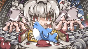 1girl 4mper5and ahoge animal apple braid computer_keyboard dumbbell famicom food fruit game_console grey_hair grey_shirt indie_virtual_youtuber long_sleeves nintendo programming programming_(topic) red_eyes shark shirt tongue tongue_out twin_braids typing upper_body virtual_youtuber warma weights