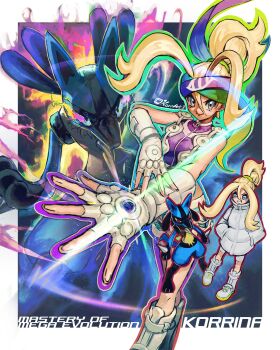 1girl absurdres aura bare_shoulders blonde_hair gen_4_pokemon gloves hands_in_pockets high_ponytail highres jacket kornart korrina_(pokemon) long_hair lucario mega_stone nintendo pokemon pokemon_(creature) pokemon_legends:_z-a ponytail purple_shirt shirt shorts white_gloves white_jacket white_shorts