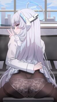 1girl absurdres arm_behind_back ass black_pantyhose blue_archive blue_sky blunt_bangs blush cameltoe closed_mouth clothes_lift commentary cowboy_shot day dwadwa98 eyelashes from_behind front-print_panties hair_over_shoulder halo hand_up headgear highres indoors jacket lifting_own_clothes lingerie long_hair long_sleeves looking_at_viewer looking_back mechanical_halo miniskirt noa_(blue_archive) panties panties_under_pantyhose pantyhose pleated_skirt print_panties profile purple_eyes school_uniform sitting skirt skirt_lift sky smile solo straight_hair thighband_pantyhose underwear v very_long_hair white_hair white_halo white_jacket white_panties window