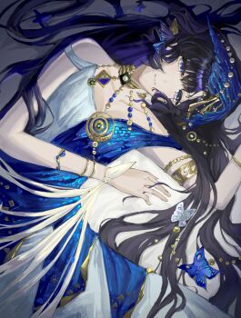 1girl absurdres armlet black_dress black_hair blue_butterfly blue_veil bug butterfly closed_mouth commentary_request dress evening_gown from_above hair_spread_out hands_up highres insect isolde_(reverse:1999) isolde_(the_last_fluttering_beat)_(reverse:1999) jewelry light_smile long_hair looking_at_viewer lying mi_(7419250207) official_alternate_costume procreate_(medium) purple_eyes reverse:1999 sleeveless sleeveless_dress solo two-tone_dress upper_body veil very_long_hair vignetting white_background white_butterfly white_dress