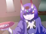 1girl alcohol animated barefoot bob_cut breasts cup fangs fate/grand_order fate_(series) feet female_focus holding horns japanese_clothes jewelry jun_(kiba_feti) kneeling licking long_sleeves looking_at_viewer oni open_clothes pale_skin purple_eyes purple_hair revealing_clothes sakazuki sake shuten_douji_(fate) skin-covered_horns small_breasts solo teeth toes tongue tongue_out video
