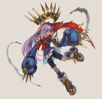 1girl absurdres black_shorts blue_eyes bow bowtie brown_background cape commentary dark-skinned_female dark_skin double-parted_bangs elf elvaan final_fantasy final_fantasy_xi final_fantasy_xiv gg_dal hair_bun hand_up highres leg_up long_hair looking_ahead pointy_ears ponytail prishe purple_hair purple_shirt red_bow red_bowtie red_cape shirt shorts sidelocks simple_background smile solo