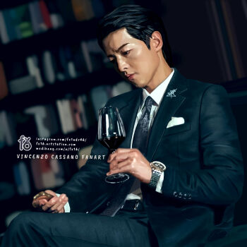 Rule 34 | 1boy, absurdres, artist name, belt, black belt, black hair, blue necktie, blue pants, blue suit, blurry, blurry background, bookshelf, character name, character request, commentary, copyright request, cup, drinking glass, english commentary, formal clothes, fx1ndr46, highres, holding, holding cup, jacket, male focus, necktie, painterly, pants, pocket square, short hair, solo, suit, suit jacket, vincenzo (tv series), vincenzo cassano (vincenzo), watch, wine glass, wristwatch