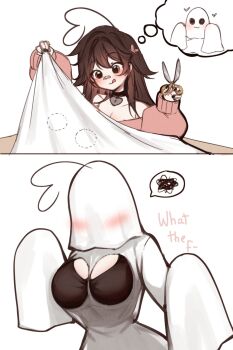1girl ahoge bandaid bandaid_on_face bandaid_on_nose black_choker blush breast_cutout breasts brown_eyes brown_hair choker cleavage closed_mouth collarbone commentary english_commentary ghost_costume hair_between_eyes heart heart_ahoge highres holding holding_scissors indie_virtual_youtuber large_breasts long_hair long_sleeves pink_sweater scissors simple_background sky_above_me sky_above_me_(vtuber) smile solo_focus speech_bubble sweater thought_bubble tongue tongue_out virtual_youtuber white_background