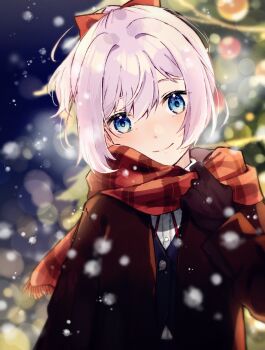 1girl blue_eyes brown_gloves brown_scarf commentary_request gloves hair_ribbon highres kantai_collection looking_at_viewer pink_hair plaid_clothes plaid_scarf red_ribbon ribbon scarf shiranui_(kancolle) short_hair smile snowing solo u_yuz_xx