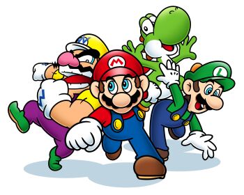 brown_hair dinosaur facial_hair gloves hat highres jumping luigi mario mario_(series) mustache nintendo bad_tag overalls rukisan_1117 running shirt shoes smile super_mario_64_ds wario white_background yoshi