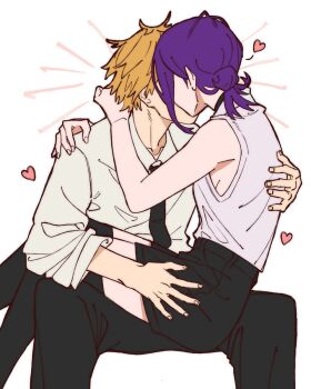 1boy 1girl arm_around_back arms_around_neck bare_arms bare_shoulders black_choker black_necktie black_pants black_shorts black_thighhighs blonde_hair breasts chainsaw_man choker collarbone commentary couple denji_(chainsaw_man) english_commentary feet_out_of_frame hair_bun hand_on_another's_thigh hetero highres kiss kwadarth medium_breasts medium_hair necktie pants purple_hair reze_(chainsaw_man) shirt short_hair shorts sideboob sitting sitting_on_lap sitting_on_person sleeveless sleeveless_shirt sleeves_rolled_up thighhighs updo white_background white_shirt