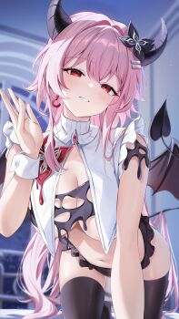 1girl absurdres aida_noa all_fours alternate_costume black_horns black_panties black_tail black_thighhighs blush breast_curtains breasts clenched_teeth commentary_request demon_horns demon_tail demon_wings evernight_(honkai:_star_rail) highres honkai:_star_rail honkai_(series) horns indoors large_breasts long_hair looking_at_viewer march_7th_(honkai:_star_rail) panties pink_hair red_eyes solo striped_horns tail teeth thighhighs underwear wings wrist_cuffs