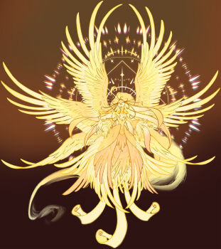 1girl absurdres angel angel_wings beak bird_girl claws feathered_wings feathers full_body furry furry_female glowing glowing_eyes gradient_background halo halo_behind_head hazbin_hotel hellaverse highres long_eyelashes multiple_wings outstretched_arms procreate_(medium) solo speaker_of_god_(hazbin_hotel) tomiyeee wings yellow_feathers