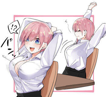 !? 1girl :d absurdres arms_behind_head arms_up black_skirt blue_eyes blush breasts casual cleavage closed_mouth commentary_request dress_shirt embarrassed eyebrows_hidden_by_hair flying_button from_side go-toubun_no_hanayome highres large_breasts light_blush long_sleeves looking_down mame1645 motion_lines multiple_views nakano_ichika nervous_smile open_mouth pink_hair popped_button profile shirt short_hair simple_background skirt smile sound_effects speech_bubble spiked_hair stretching surprised sweat teeth upper_body upper_teeth_only v-shaped_eyebrows white_background white_shirt