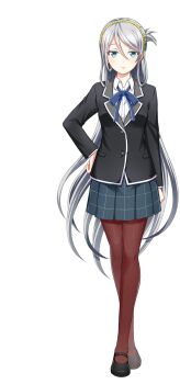 1girl aqua_eyes artist_request black_jacket black_shoes blazer blue_ribbon blue_skirt cinderella_series closed_mouth elena_starffin grey_hair hachigatsu_no_cinderella_nine hair_between_eyes hair_ornament hand_on_own_hip highres jacket long_hair looking_at_viewer neck_ribbon official_art pantyhose plaid_clothes plaid_skirt red_pantyhose ribbon satogahama_school_uniform school_uniform shirt shoes skirt solo transparent_background white_shirt white_trim