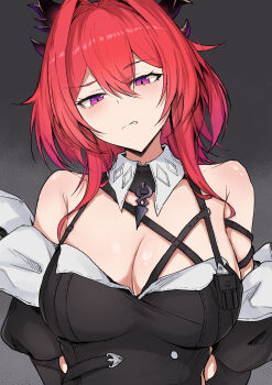 1girl absurdres arknights arknights:_endfield arms_behind_back bare_shoulders black_dress breasts chest_belt cleavage collared_dress commentary detached_sleeves diamond_(shape) dress english_commentary grey_background hair_intakes head_tilt highres horns laevatein_(arknights) large_breasts long_hair looking_at_viewer parted_lips purple_eyes red_hair sakiya_(sak1_01) sidelocks solo straight-on strap surtr_(arknights) upper_body very_long_hair