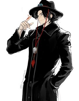 1boy black_coat black_hair black_hat chanpeho2 chinese_commentary closed_mouth coat collared_coat commentary_request cowboy_shot freckles hand_in_pocket hat highres looking_ahead male_focus one_piece portgas_d._ace short_hair simple_background smile solo twitter_username white_background