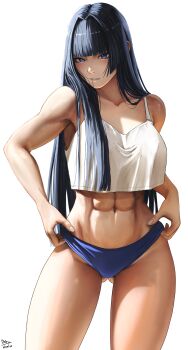 1girl abs absurdres adjusting_clothes adjusting_panties artist_name bare_arms bare_shoulders blue_eyes blue_hair blue_panties blunt_bangs breasts collarbone commentary crop_top crop_top_overhang dated english_commentary finger_under_clothes fingernails gluteal_fold hair_intakes hair_over_shoulder highres hololive hololive_english large_breasts long_hair looking_at_viewer muscular muscular_female navel ouro_kronii panties parted_lips simple_background solo steb stomach tank_top thighs underwear very_long_hair virtual_youtuber white_background white_tank_top
