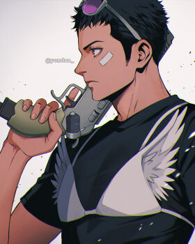 Rule 34 | 1boy, bandaid, bandaid on cheek, bandaid on face, black hair, black shirt, bra, brown eyes, closed mouth, commentary request, devil summoner: soul hackers, devil summoner (series), from side, gump (devil summoner), gun, holding, holding gun, holding weapon, light particles, looking to the side, male focus, protagonist (soul hackers), purple-tinted eyewear, shirt, short hair, simple background, solo, sunglasses, t-shirt, tinted eyewear, twitter username, underwear, weapon, white background, white bra, yorita (kick knock)