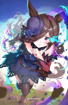 1girl animal_ears bare_shoulders black_thighhighs blue_flower blue_hat blue_rose blush breasts brown_hair commentary dagger dress english_commentary eye_trail fascinator flipped_hair flower fur_choker hair_over_one_eye hat hat_flower highres horse_ears horse_girl horse_tail knife light_trail long_hair long_sleeves looking_at_viewer mistiousstar off-shoulder_dress off_shoulder purple_eyes rice_shower_(rosy_dreams)_(umamusume) rice_shower_(umamusume) rose running sheath sheathed small_breasts solo tail thighhighs tilted_headwear umamusume weapon