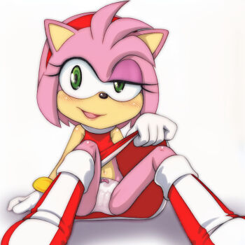 1girl amy_rose animal arm_support blush boots bow bow_panties bra clothes_lift dress dress_lift furry gloves green_eyes hedgehog hedgehog_girl highres looking_at_viewer navel open_mouth panties pink_bow pink_fur pink_hair red_boots red_dress sega short_hair sitting sleeveless sleeveless_dress smile sonic_(series) t_jiroo_(ringofriend) underwear white_background white_gloves white_panties
