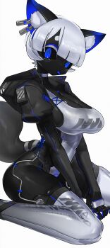 1girl @_@ absurdres android animal_ear_fluff animal_ears black_jacket black_sclera black_skin blue_eyes blue_tongue bob_cut breasts cleavage collar colored_sclera colored_skin colored_tongue commentary_request competition_swimsuit earrings echanis_enicha highres jacket jewelry large_breasts looking_at_viewer one-piece_swimsuit original short_eyebrows sitting skindentation swimsuit tail thick_eyebrows thighhighs tongue tongue_out wariza white_background white_hair white_one-piece_swimsuit white_thighhighs