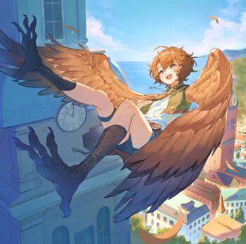 1girl belt bird_legs blue_eyes brown_feathers brown_hair brown_wings cityscape clock clock_tower commentary_request feathers flying green_vest harpy jewelry monster_girl necklace open_mouth original shirt short_hair shorts solo takedanoko talons thigh_strap tower vest white_shirt winged_arms wings
