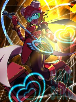 1girl assault_visor black_bodysuit blonde_hair blue-tinted_eyewear blue_eyes bodysuit breasts dress full_body guitar harp_note_(mega_man) helmet highres holding holding_guitar holding_instrument instrument mega_man_(series) mega_man_star_force_(series) nadesukos red_dress red_helmet solo speaker tinted_eyewear yellow_background