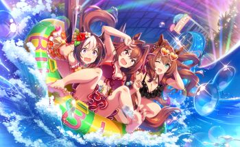 3girls animal_ears arms_around_waist artist_request back bare_shoulders bikini bikini_ribbon bikini_skirt black_bikini bow breasts brown_hair bubble chain circle_skirt daiwa_scarlet_(mini_vacation)_(umamusume) daiwa_scarlet_(umamusume) detached_sleeves ear_bow eyewear_on_head fang floating_clothes foam food frilled_bikini frilled_skirt frilled_sleeves frills fruit full_body game_cg gold_chain hair_between_eyes hair_intakes hair_ornament hairclip hand_on_own_head head_tilt heart heart-shaped_eyewear high_ponytail highres horse_ears horse_girl horse_tail hug indoors jewelry large_breasts light_particles light_rays maruzensky_(hot_summer_night)_(umamusume) maruzensky_(umamusume) multicolored_hair multiple_girls nervous night official_alternate_costume official_art one_eye_closed orange-tinted_eyewear orange_(fruit) orange_bikini orange_slice palm_tree parallel_hairclips pendant pink_bow plaid_bikini plaid_clothes plaid_sleeves ponytail puffy_short_sleeves puffy_sleeves raised_inner_eyebrows red_bikini red_eyes red_ribbon ribbon riding scared short_hair short_sleeves shoulder_blades skin_fang skirt spaghetti_strap sparkle special_week_(hopp&#039;n_happy_heart)_(umamusume) special_week_(umamusume) stomach streaked_hair striped_bow sunglasses swimsuit tail tail_bow tail_ornament tail_raised tinted_eyewear tree tsurime twintails two-tone_hair umamusume waist_bow water_slide watermark waves wavy_hair white-framed_eyewear white_hair wide-eyed yellow_bow