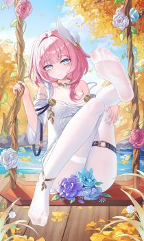 1girl absurdres bare_shoulders blue_eyes blue_sky breasts commentary_request cyrene_(aedes_elysiae)_(honkai:_star_rail) cyrene_(honkai:_star_rail) dress feet flower_censor hair_ornament highres honkai:_star_rail honkai_(series) jndfh lake leg_up looking_at_viewer medium_hair multicolored_hair on_swing outdoors pantyhose pink_hair sky small_breasts smile soles solo swing swing_set thigh_strap thighs toes two-tone_hair variant_set water white_dress white_hair white_pantyhose wooden_floor