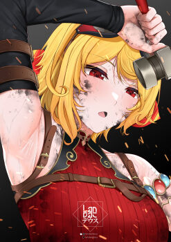 1girl arm_strap armband armpit_crease black_background blonde_hair breasts chest_strap detached_sleeves dirty dirty_clothes dirty_face dirty_hands hammer hand_up highres holding holding_hammer hololive hololive_indonesia kaela_kovalskia kaela_kovalskia_(4th_costume) landacdeus looking_down open_mouth red_eyes red_vest short_hair solo sweat vest virtual_youtuber watermark